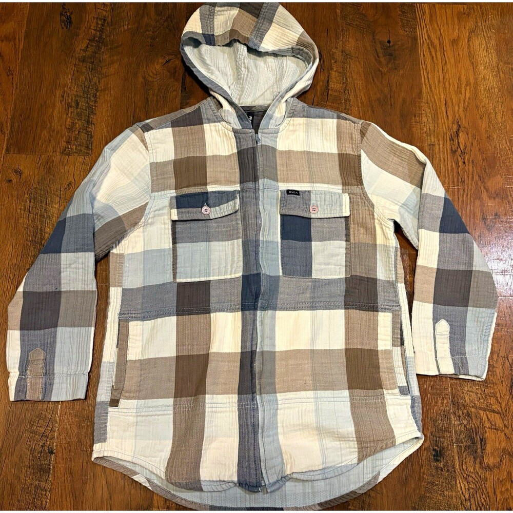 RVCA Men's Plaid Full Zip Hooded Mid-Length Jacket Blue Gray White Brown M